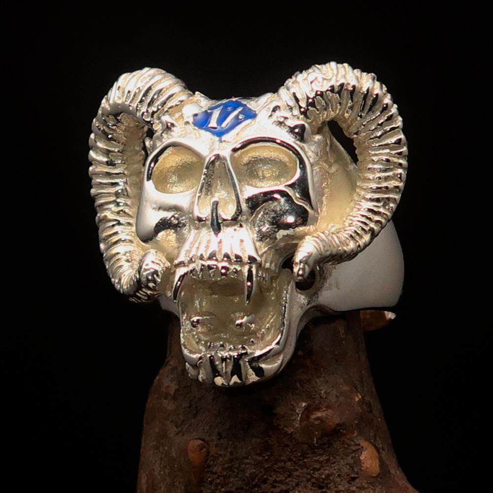 Men's blue 1% Ram Skull Outlaw Ring made of solid sterling silver with blue enamel, showcasing intricate details and a polished finish.