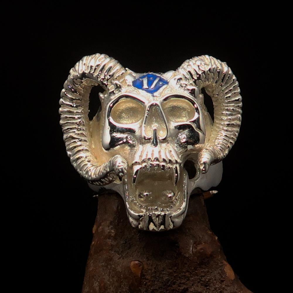 Men's blue 1% Ram Skull Outlaw Ring made of solid sterling silver with blue enamel, showcasing intricate details and a polished finish.