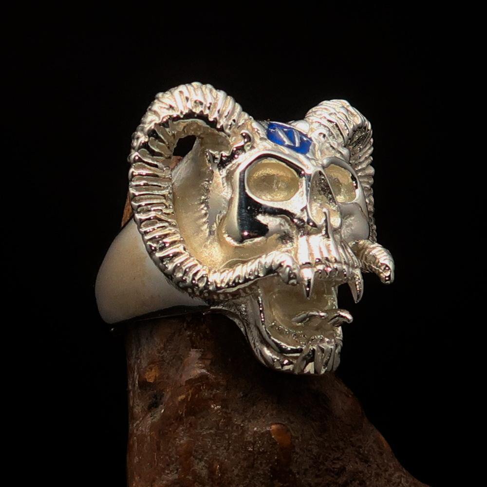 Men's blue 1% Ram Skull Outlaw Ring made of solid sterling silver with blue enamel, showcasing intricate details and a polished finish.