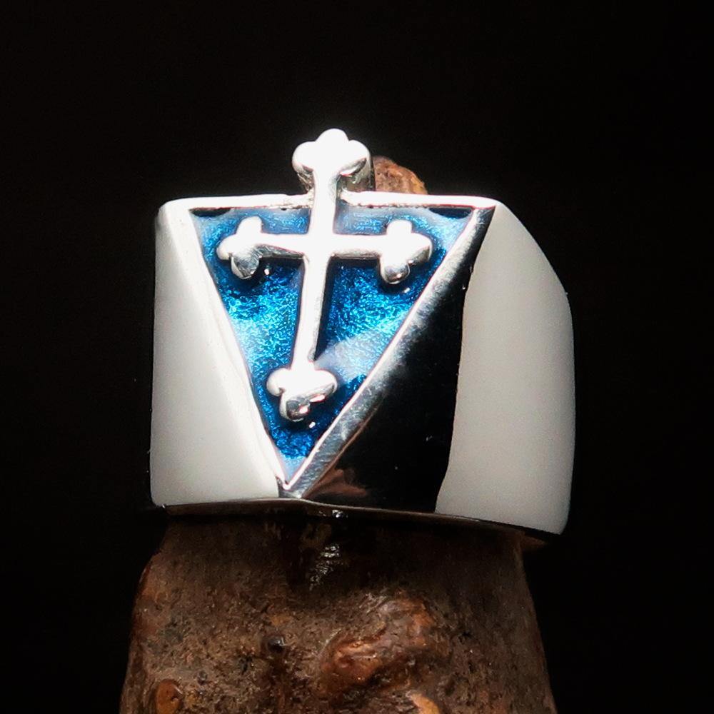 Men's Blue Coptic Cross Ring made of high polished sterling silver with blue enamel, showcasing intricate design and craftsmanship.