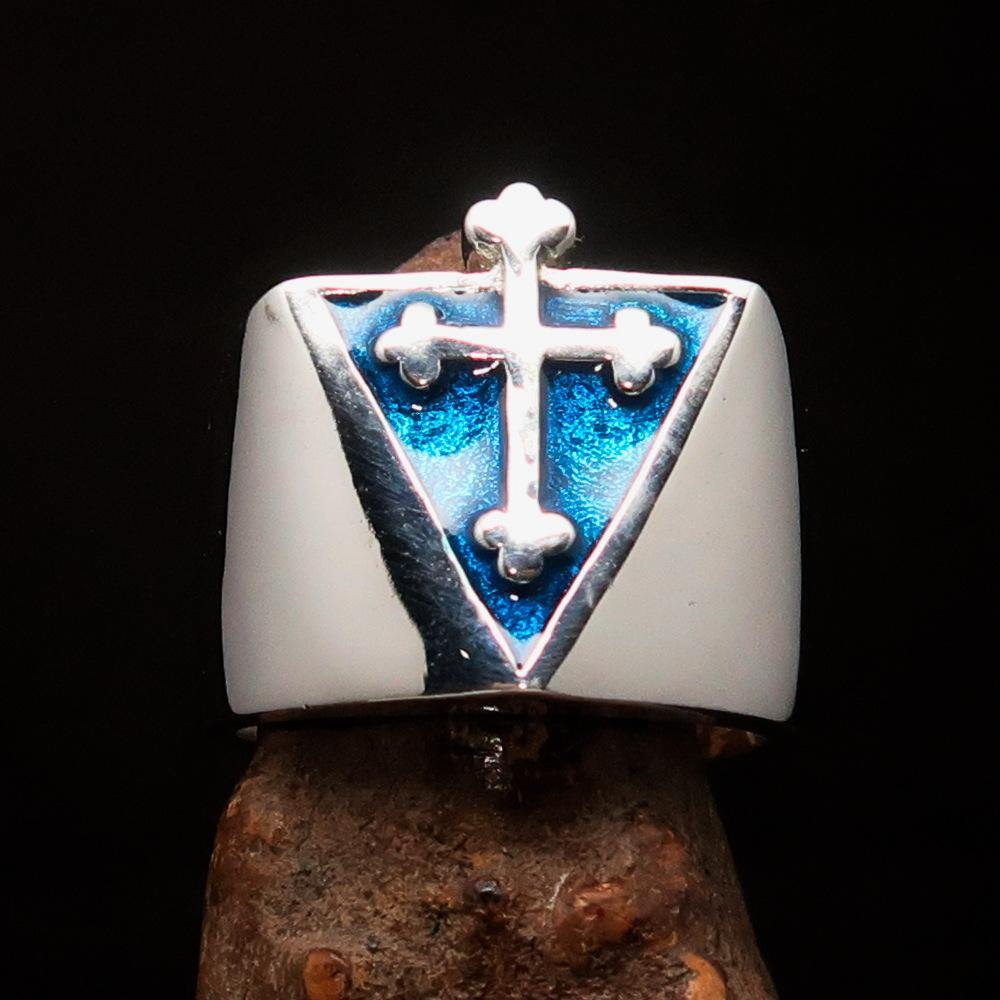 Men's Blue Coptic Cross Ring made of high polished sterling silver with blue enamel, showcasing intricate design and craftsmanship.