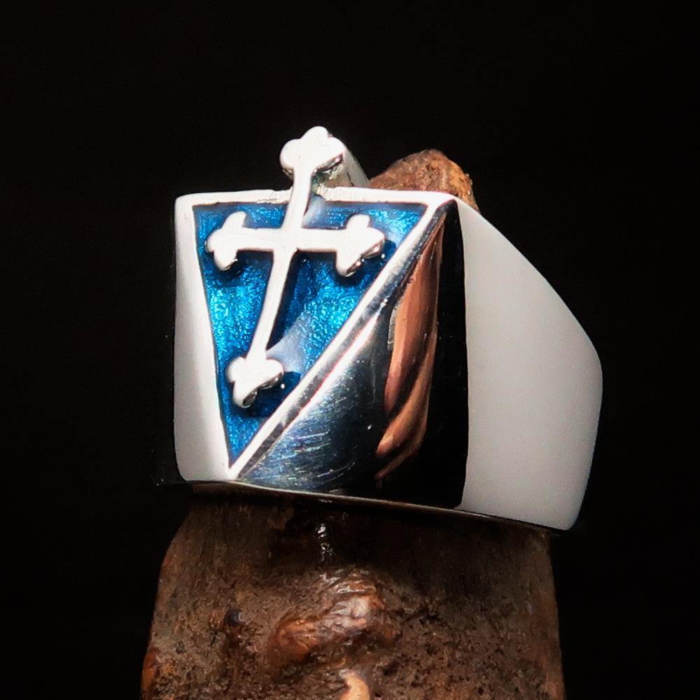 Men's Blue Coptic Cross Ring made of high polished sterling silver with blue enamel, showcasing intricate design and craftsmanship.