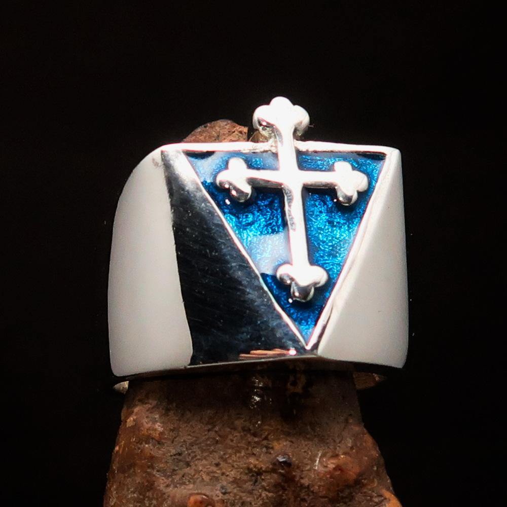 Men's Blue Coptic Cross Ring made of high polished sterling silver with blue enamel, showcasing intricate design and craftsmanship.