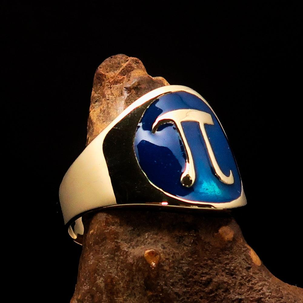 Men's blue Greek letter PI pinky ring made of solid brass with high polish finish and blue enamel.