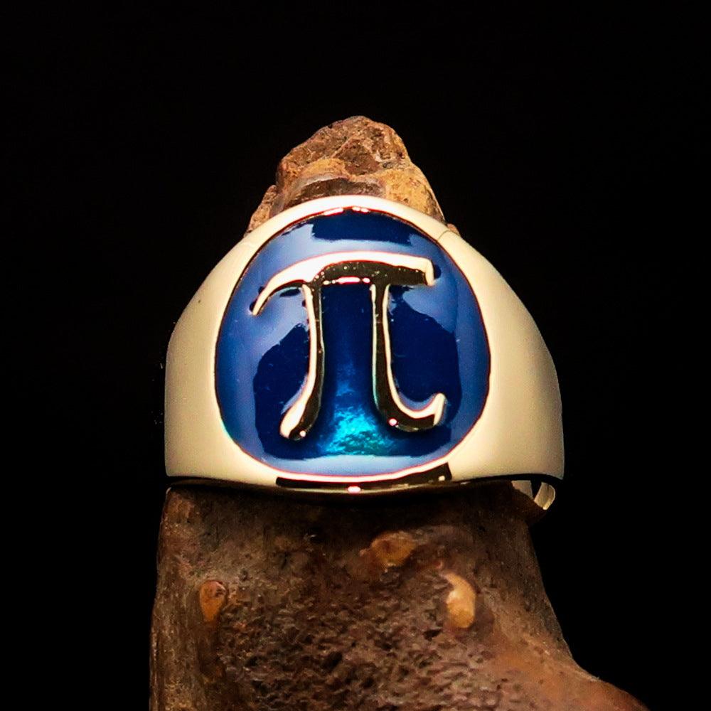 Men's blue Greek letter PI pinky ring made of solid brass with high polish finish and blue enamel.