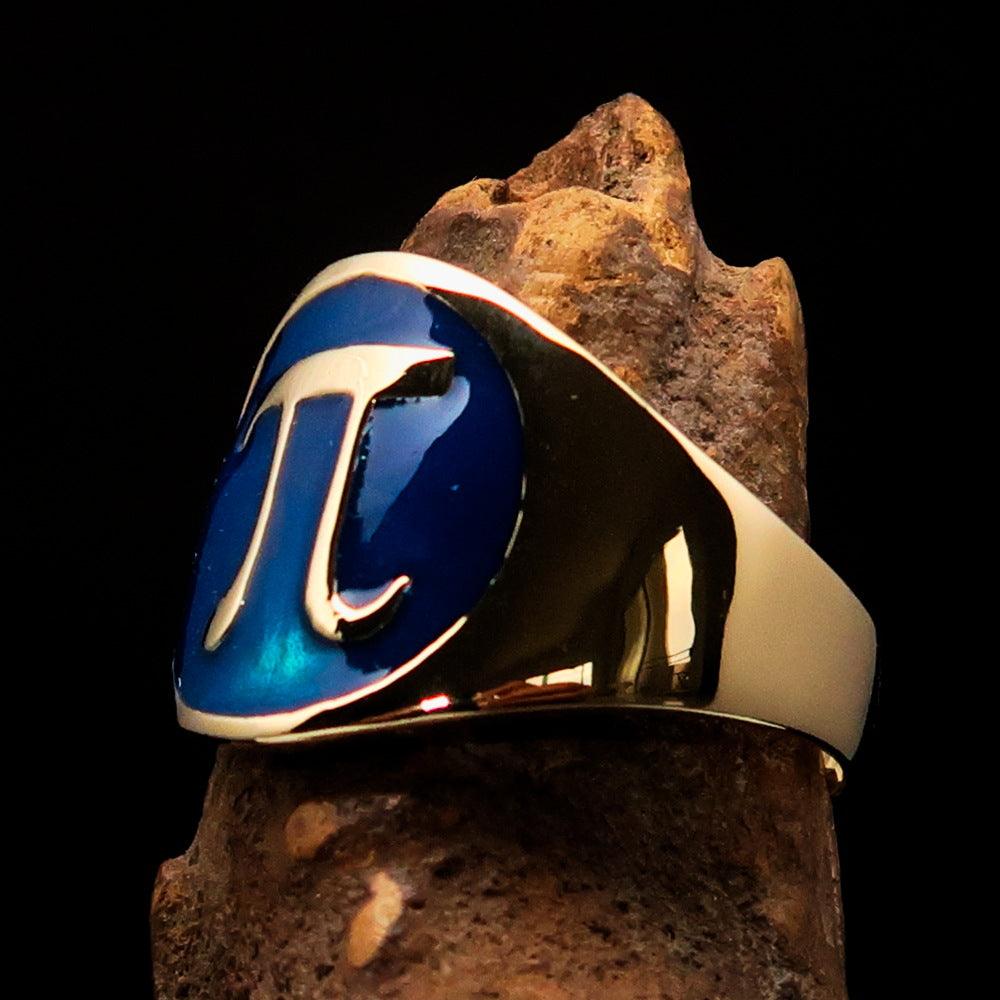 Men's blue Greek letter PI pinky ring made of solid brass with high polish finish and blue enamel.