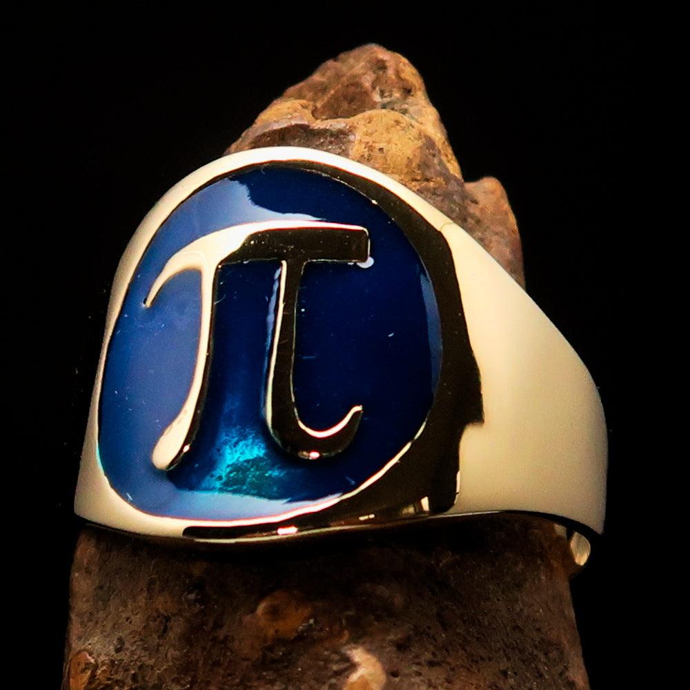 Men's blue Greek letter PI pinky ring made of solid brass with high polish finish and blue enamel.