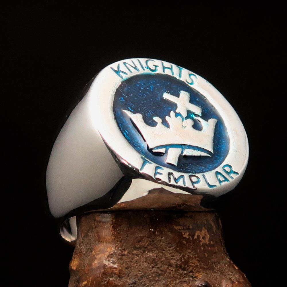 Men's Blue Knights Templar Ring made of solid sterling silver with blue enamel, featuring a cross and crown design.