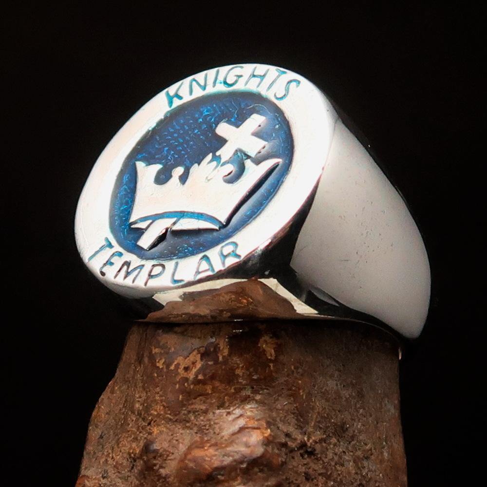 Men's Blue Knights Templar Ring made of solid sterling silver with blue enamel, featuring a cross and crown design.