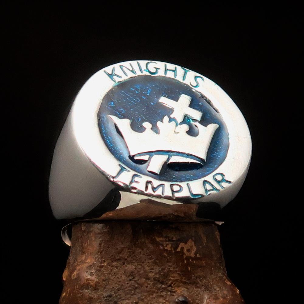 Men's Blue Knights Templar Ring made of solid sterling silver with blue enamel, featuring a cross and crown design.