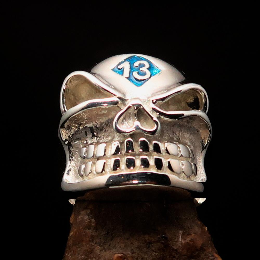 Men's blue Number 13 Gnome Skull Ring made of sterling silver with red enamel accents, showcasing a unique design.