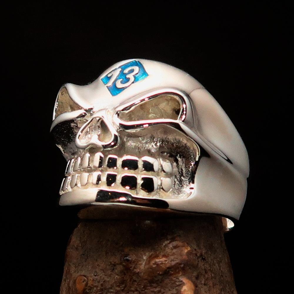 Men's blue Number 13 Gnome Skull Ring made of sterling silver with red enamel accents, showcasing a unique design.