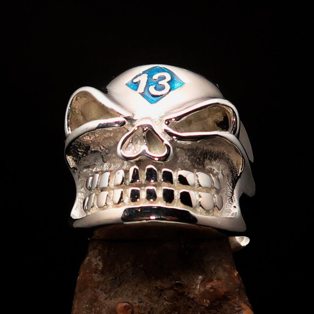 Men's blue Number 13 Gnome Skull Ring made of sterling silver with red enamel accents, showcasing a unique design.