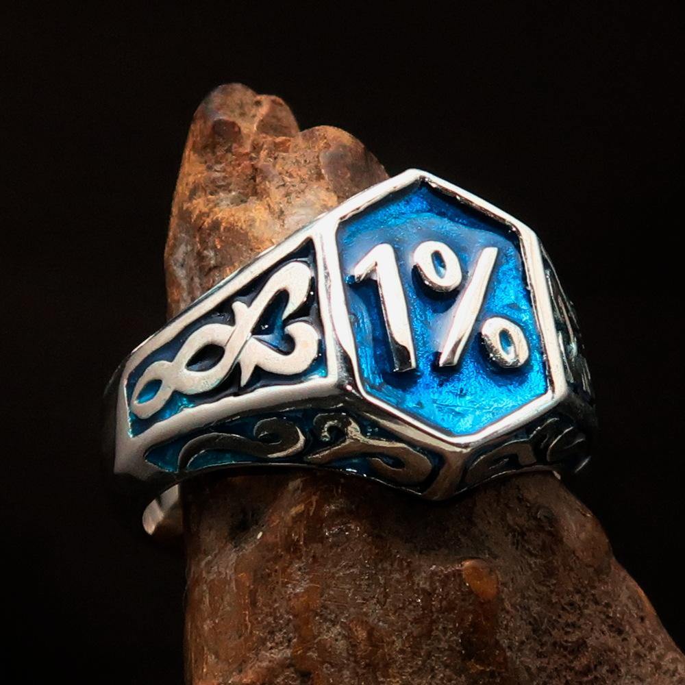 Men's Blue Outlaw Biker Ring 1% made of solid sterling silver with high polish and blue enamel finish, showcasing its unique design.