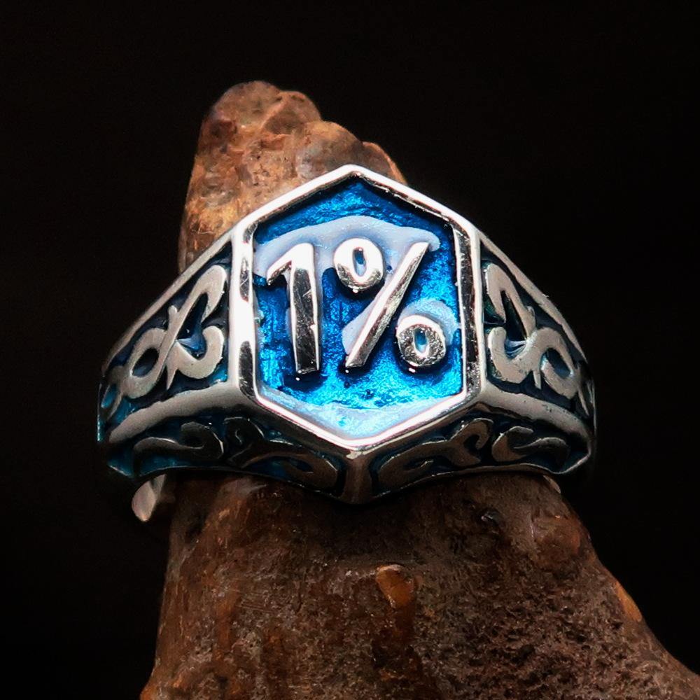 Men's Blue Outlaw Biker Ring 1% made of solid sterling silver with high polish and blue enamel finish, showcasing its unique design.