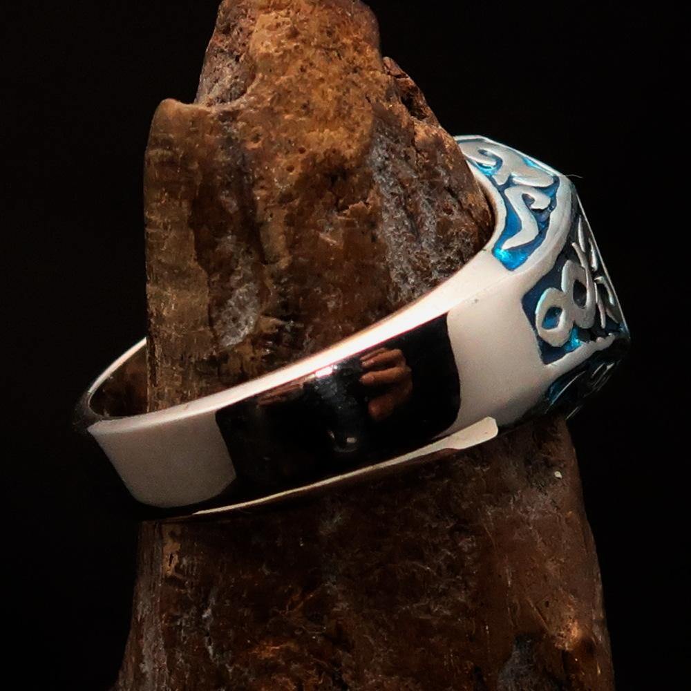 Men's Blue Outlaw Biker Ring 1% made of solid sterling silver with high polish and blue enamel finish, showcasing its unique design.