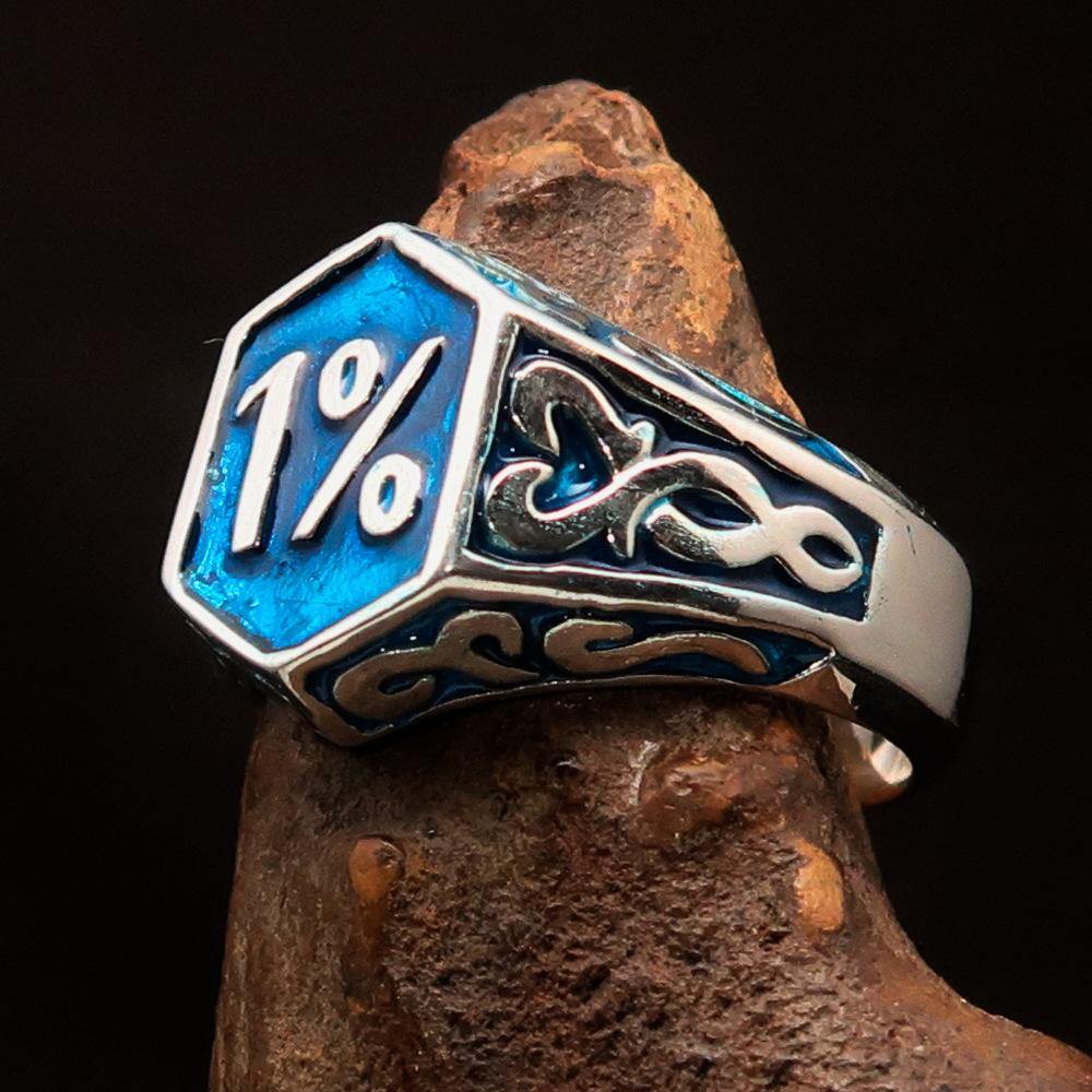 Men's Blue Outlaw Biker Ring 1% made of solid sterling silver with high polish and blue enamel finish, showcasing its unique design.