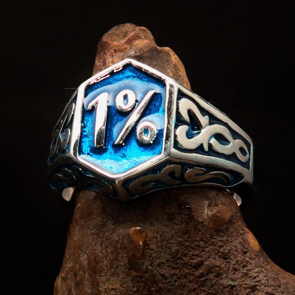 Men's Blue Outlaw Biker Ring 1% made of solid sterling silver with high polish and blue enamel finish, showcasing its unique design.