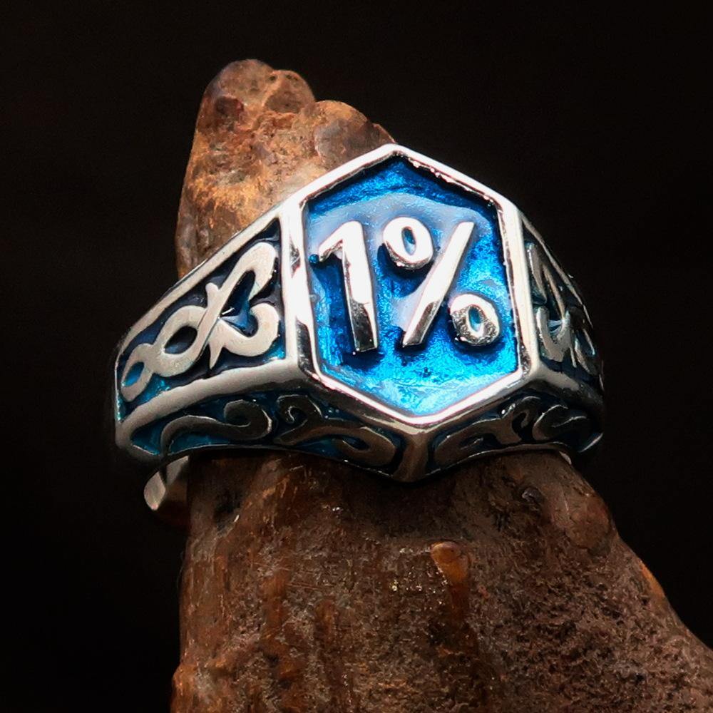 Men's Blue Outlaw Biker Ring 1% made of solid sterling silver with high polish and blue enamel finish, showcasing its unique design.