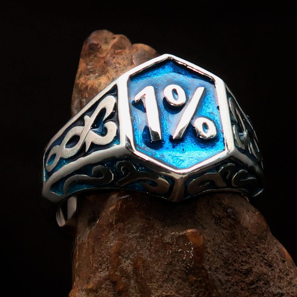 Men's Blue Outlaw Biker Ring 1% made of solid sterling silver with high polish and blue enamel finish, showcasing its unique design.