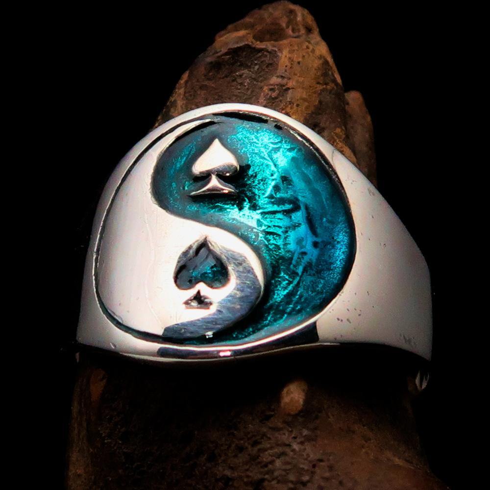 Men's blue spades Yin Yang poker ring made of solid sterling silver with high polish and enamel finish, showcasing a unique design.