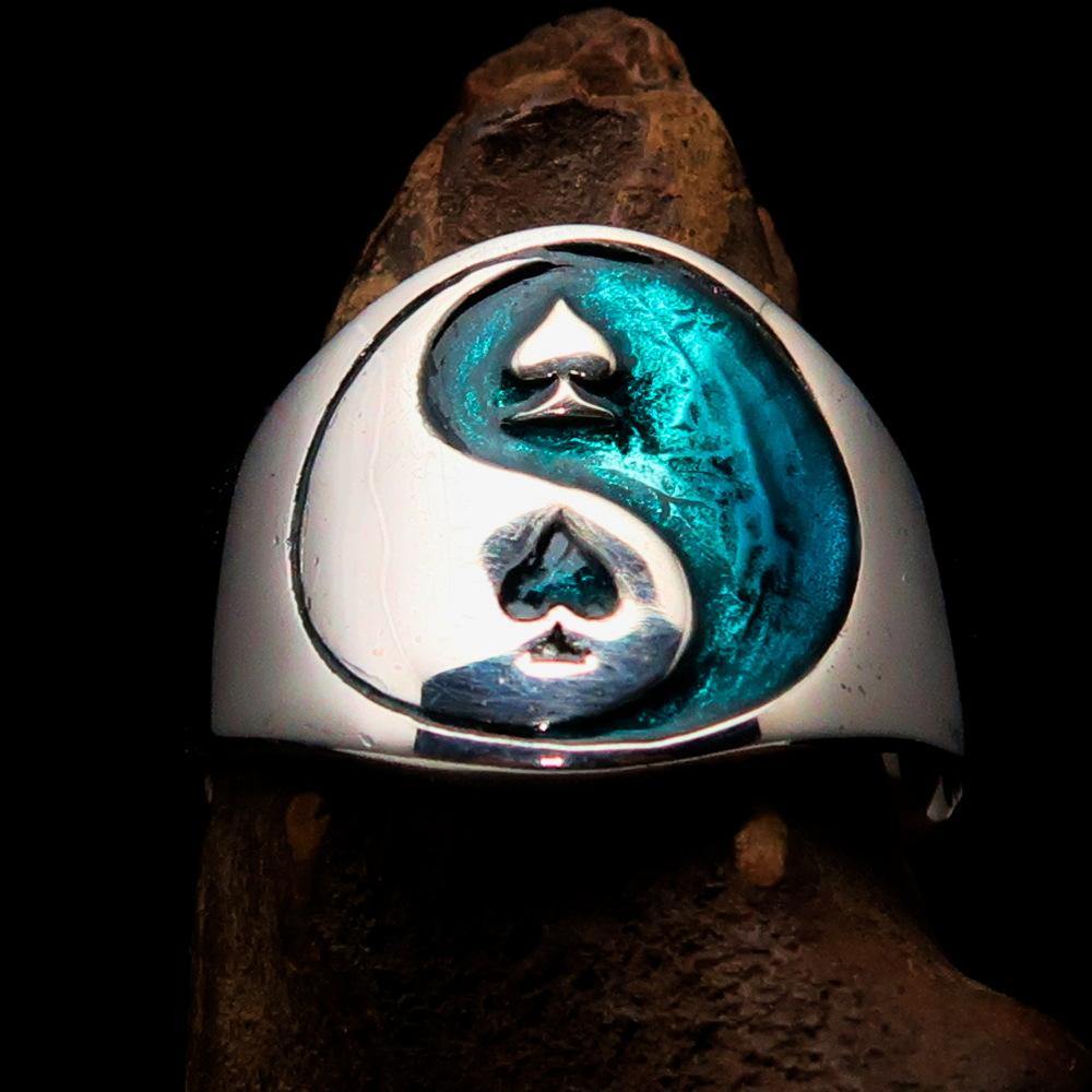 Men's blue spades Yin Yang poker ring made of solid sterling silver with high polish and enamel finish, showcasing a unique design.