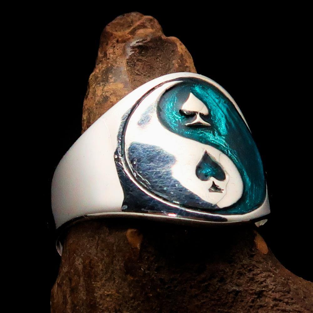 Men's blue spades Yin Yang poker ring made of solid sterling silver with high polish and enamel finish, showcasing a unique design.