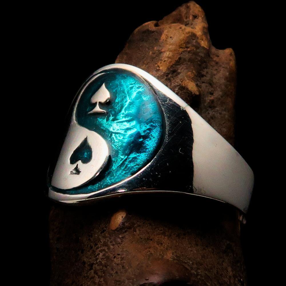 Men's blue spades Yin Yang poker ring made of solid sterling silver with high polish and enamel finish, showcasing a unique design.