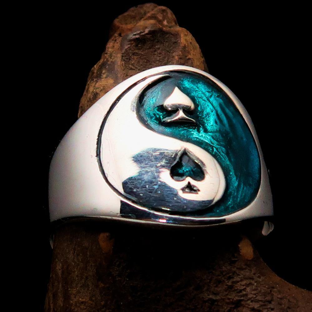 Men's blue spades Yin Yang poker ring made of solid sterling silver with high polish and enamel finish, showcasing a unique design.