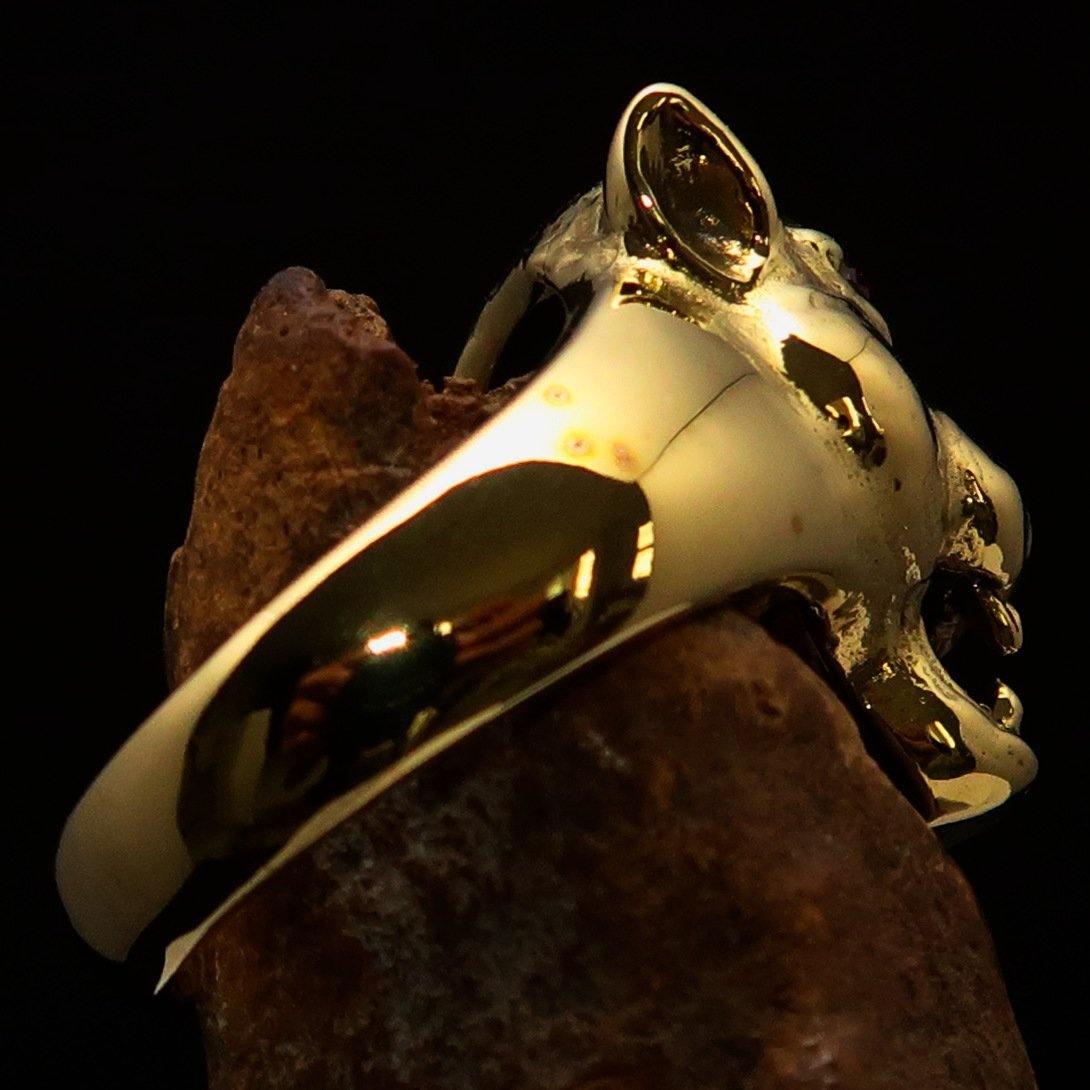 Men's Brass Animal Ring featuring a detailed cougar design with red cubic zirconia eyes, showcasing a high polished finish.