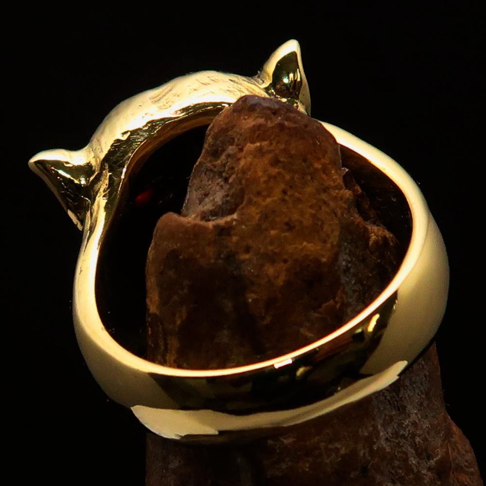 Men's Brass Animal Ring featuring a detailed cougar design with red cubic zirconia eyes, showcasing a high polished finish.