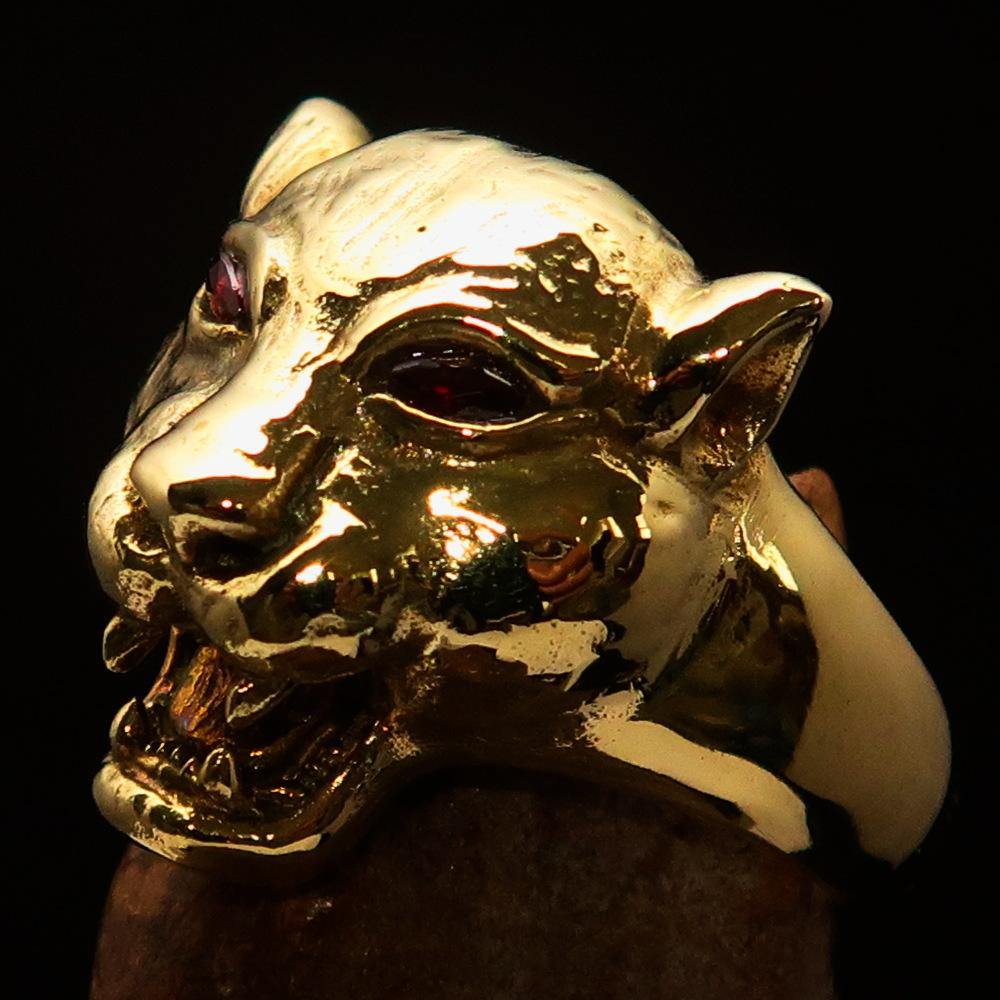 Men's Brass Animal Ring featuring a detailed cougar design with red cubic zirconia eyes, showcasing a high polished finish.