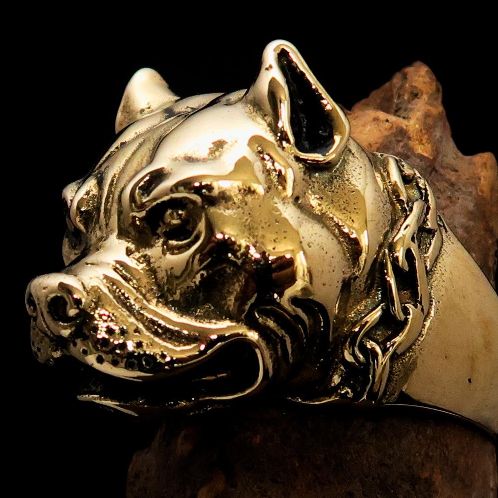 Men's Brass Animal Ring featuring a detailed Pitbull in Chains design, showcasing its high polish and antiqued finish.