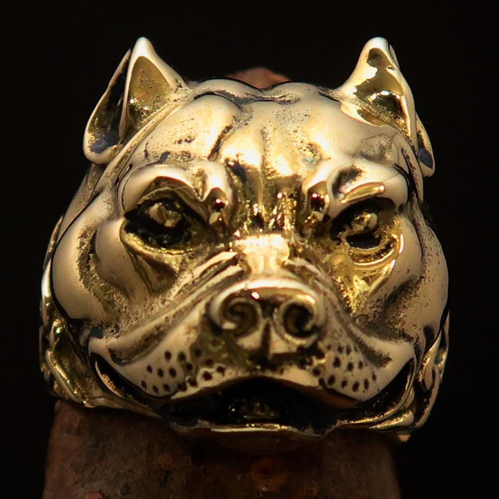 Men's Brass Animal Ring featuring a detailed Pitbull in Chains design, showcasing its high polish and antiqued finish.