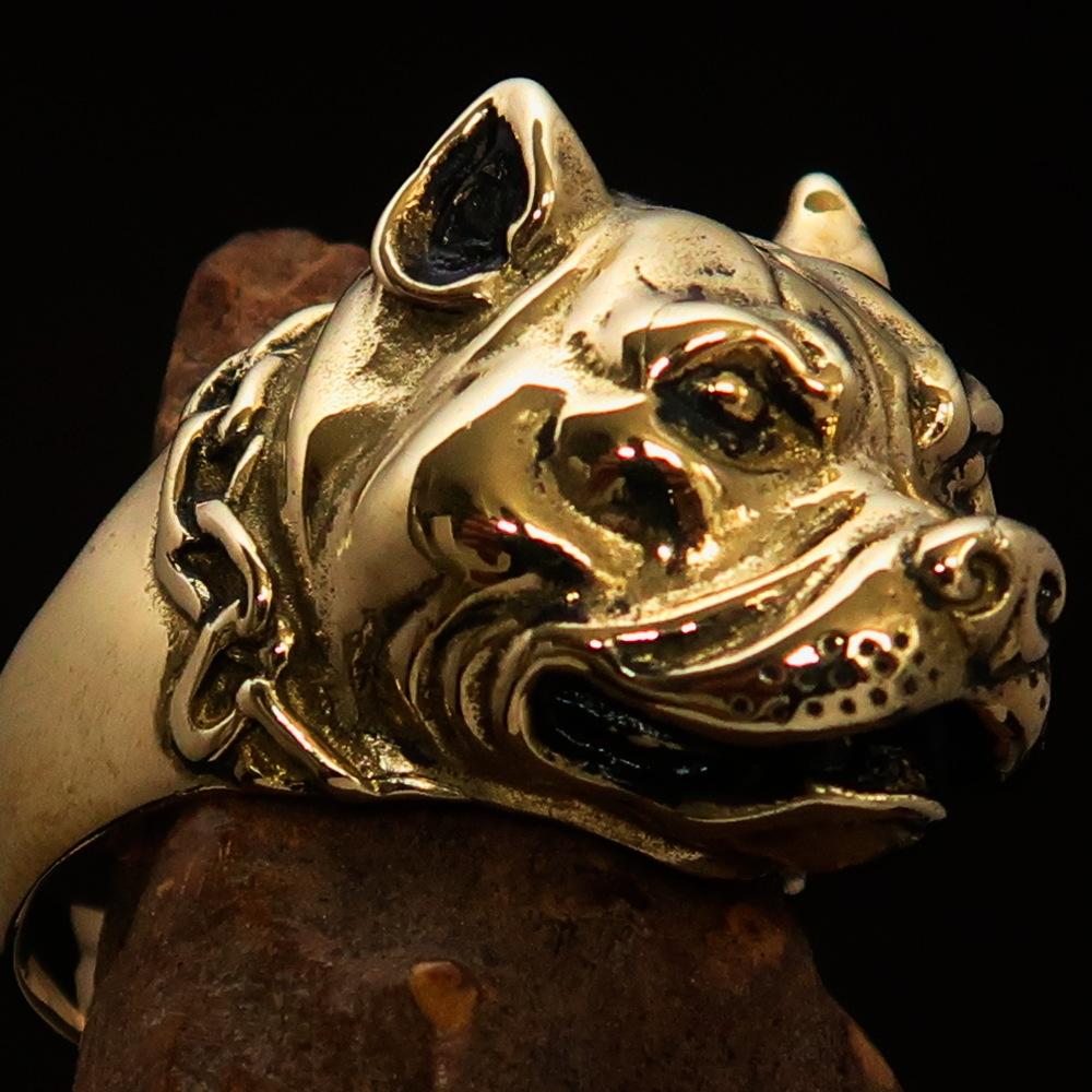 Men's Brass Animal Ring featuring a detailed Pitbull in Chains design, showcasing its high polish and antiqued finish.