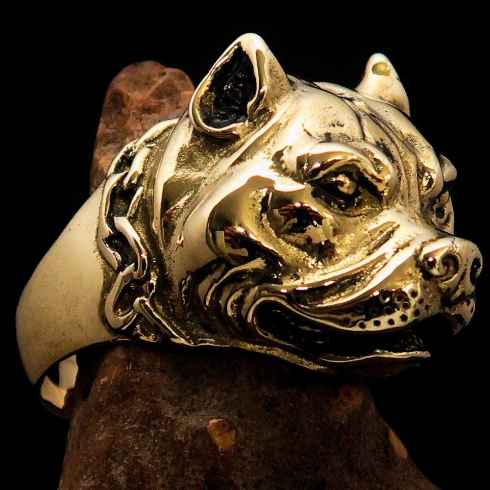 Men's Brass Animal Ring featuring a detailed Pitbull in Chains design, showcasing its high polish and antiqued finish.