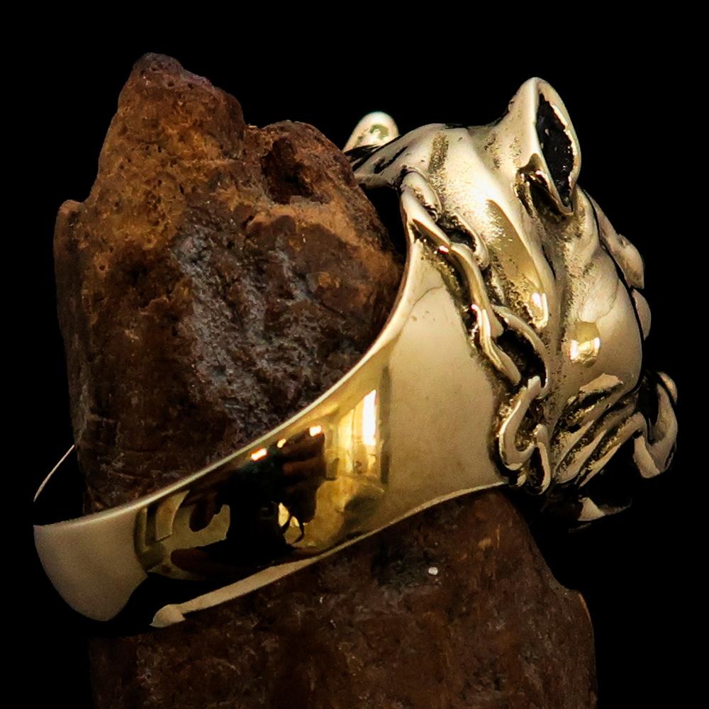 Men's Brass Animal Ring featuring a detailed Pitbull in Chains design, showcasing its high polish and antiqued finish.