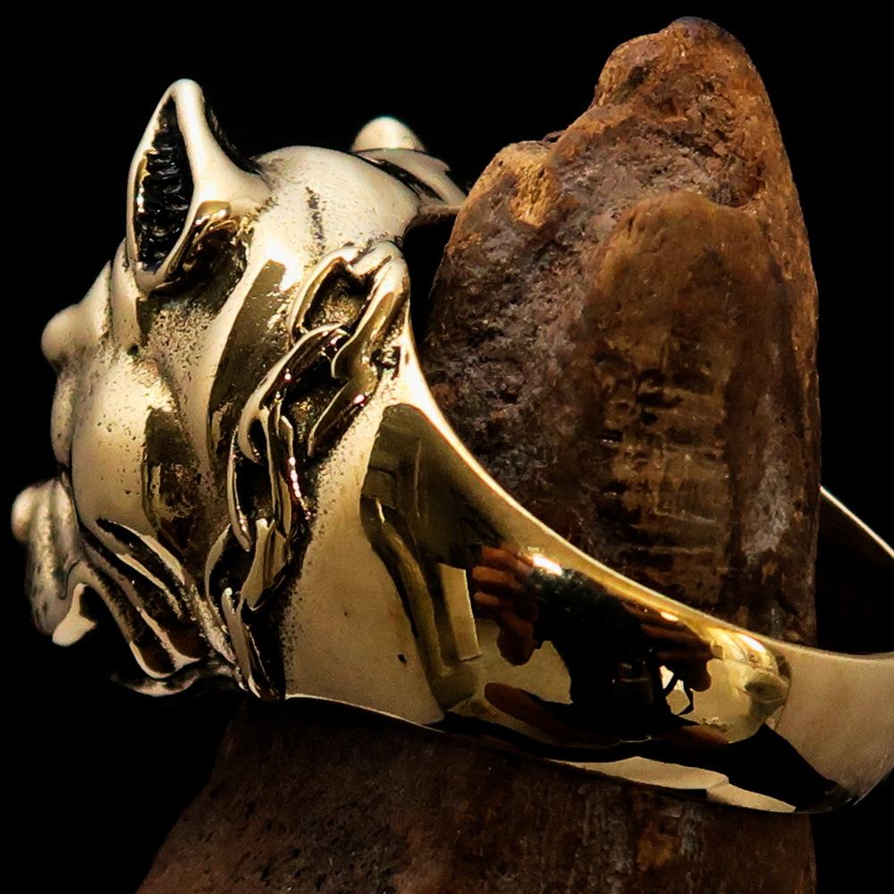 Men's Brass Animal Ring featuring a detailed Pitbull in Chains design, showcasing its high polish and antiqued finish.