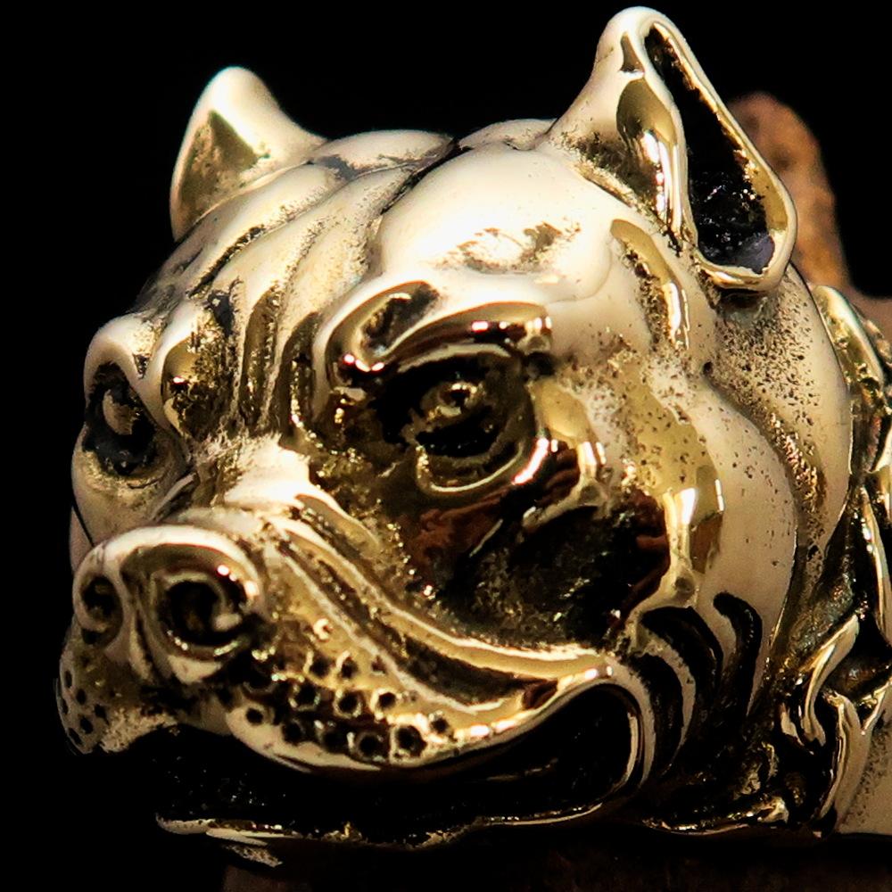 Men's Brass Animal Ring featuring a detailed Pitbull in Chains design, showcasing its high polish and antiqued finish.