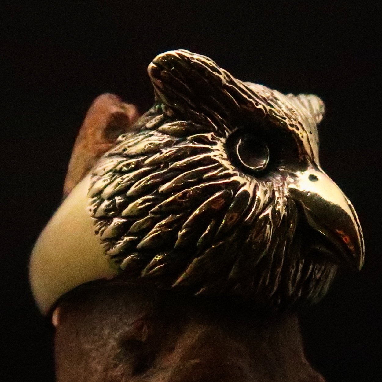 Men's brass ring featuring an intricately designed owl head, showcasing detailed craftsmanship and unique finishes.