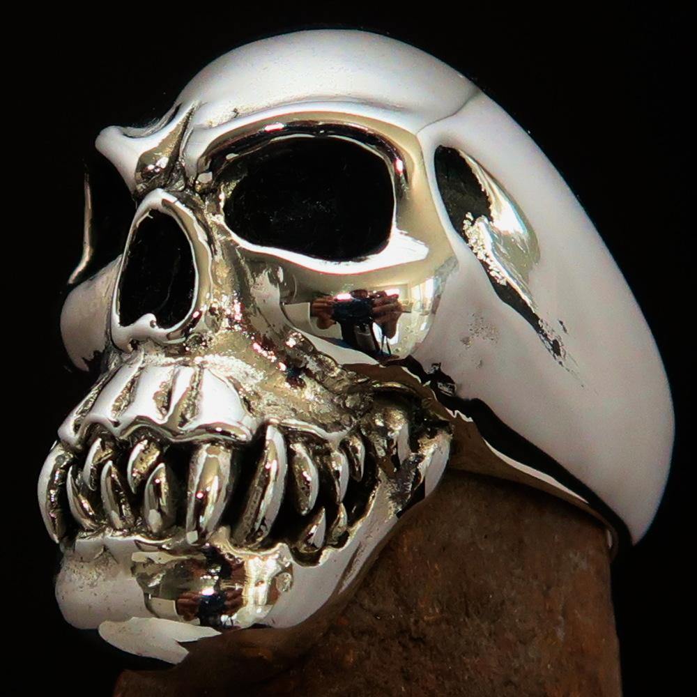 Men's Cannibal Ring Zombie with Fangs, crafted from solid sterling silver, featuring intricate detailing and a high-polished finish.