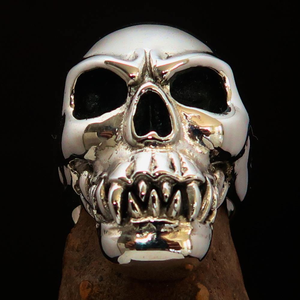 Men's Cannibal Ring Zombie with Fangs, crafted from solid sterling silver, featuring intricate detailing and a high-polished finish.