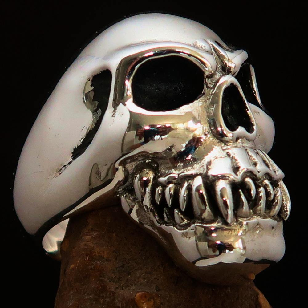 Men's Cannibal Ring Zombie with Fangs, crafted from solid sterling silver, featuring intricate detailing and a high-polished finish.