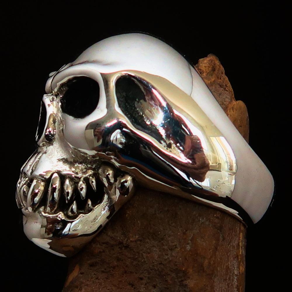 Men's Cannibal Ring Zombie with Fangs, crafted from solid sterling silver, featuring intricate detailing and a high-polished finish.