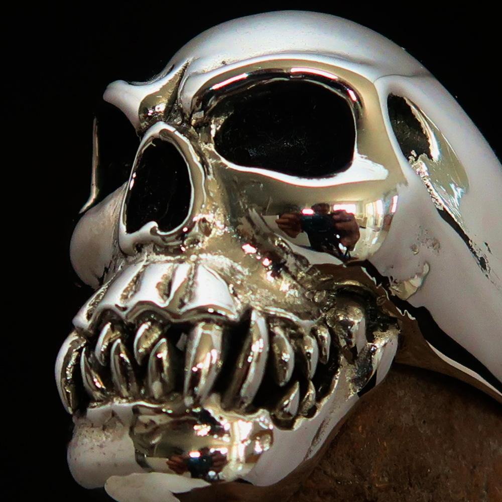 Men's Cannibal Ring Zombie with Fangs, crafted from solid sterling silver, featuring intricate detailing and a high-polished finish.