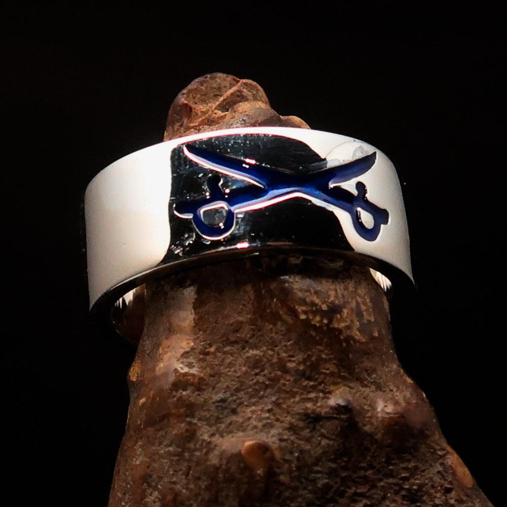 Men's Cavalry Ring in sterling silver featuring blue enamel Crossed Sabers design, showcasing high polish finish.