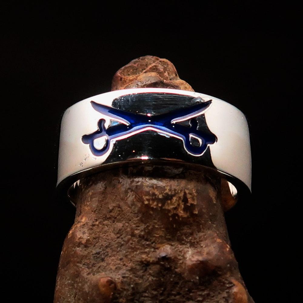 Men's Cavalry Ring in sterling silver featuring blue enamel Crossed Sabers design, showcasing high polish finish.