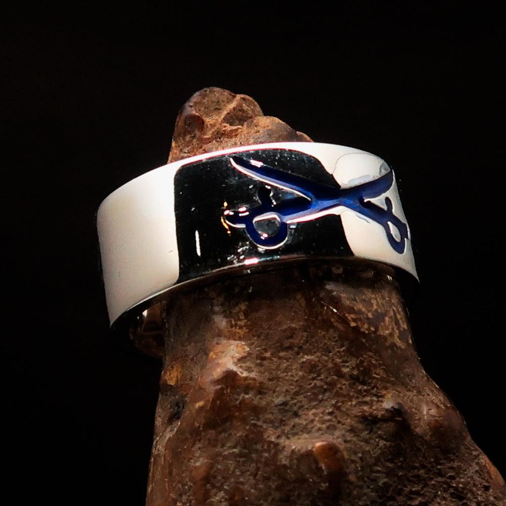 Men's Cavalry Ring in sterling silver featuring blue enamel Crossed Sabers design, showcasing high polish finish.