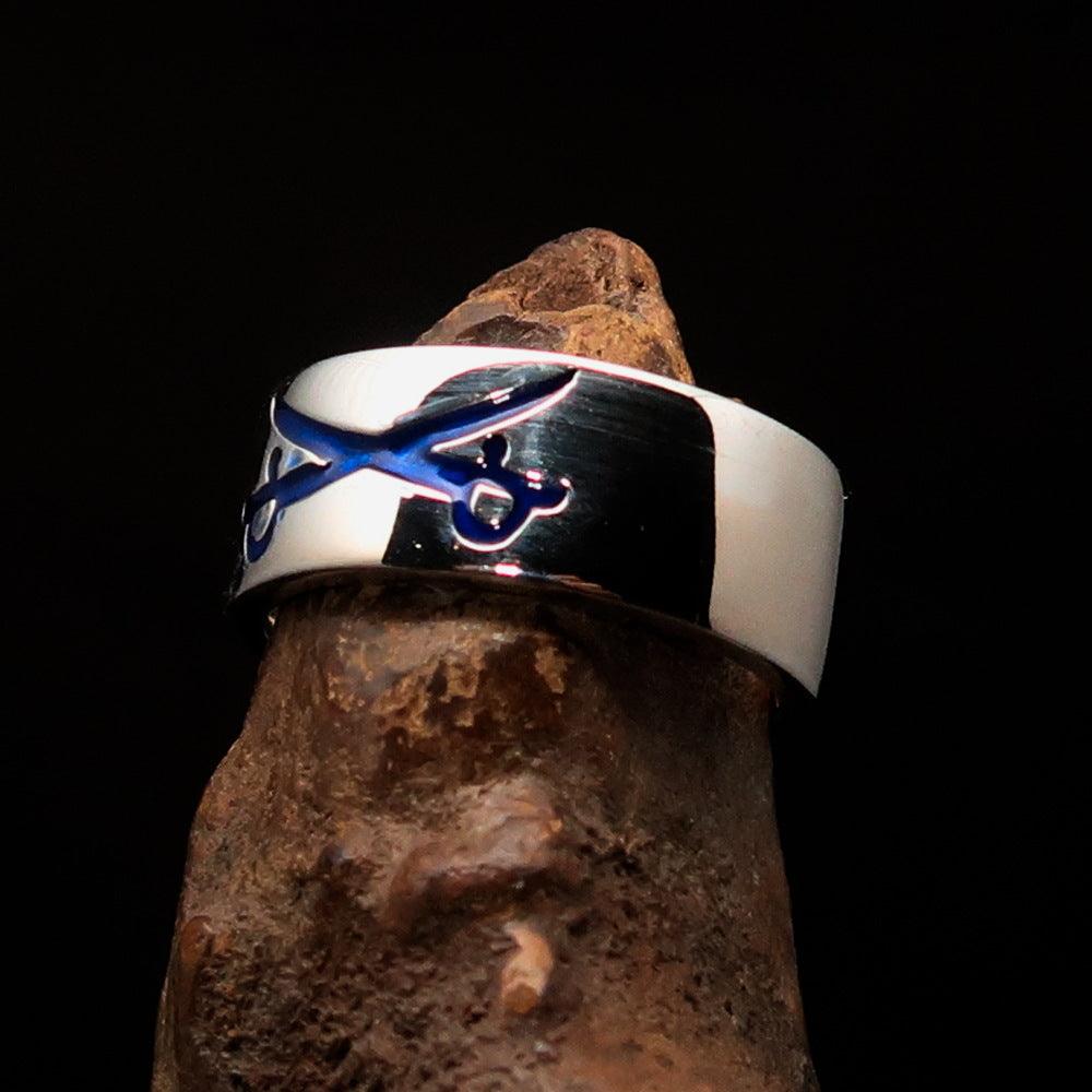 Men's Cavalry Ring in sterling silver featuring blue enamel Crossed Sabers design, showcasing high polish finish.