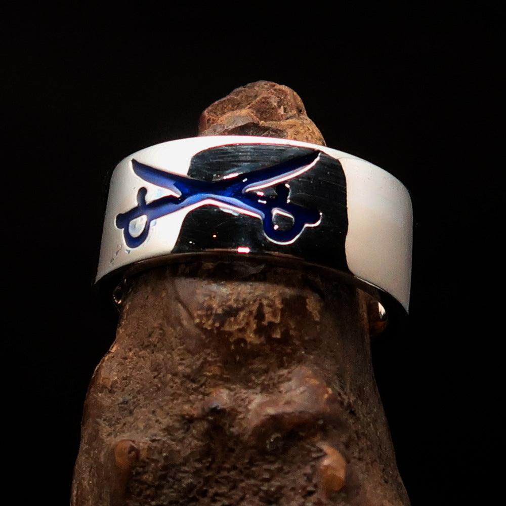 Men's Cavalry Ring in sterling silver featuring blue enamel Crossed Sabers design, showcasing high polish finish.